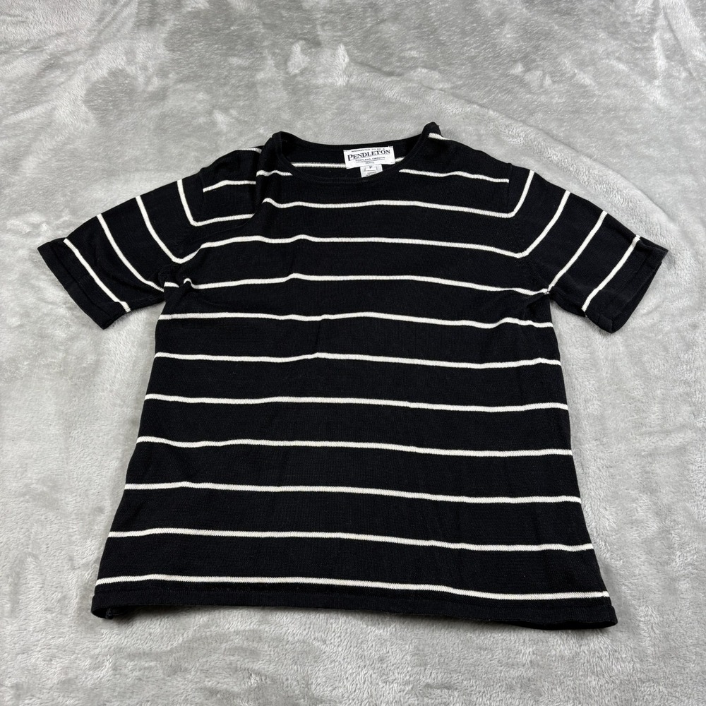 Vintage Pendleton Shirt Womens Petite‎ Black Striped Short Sleeve sweater Knit